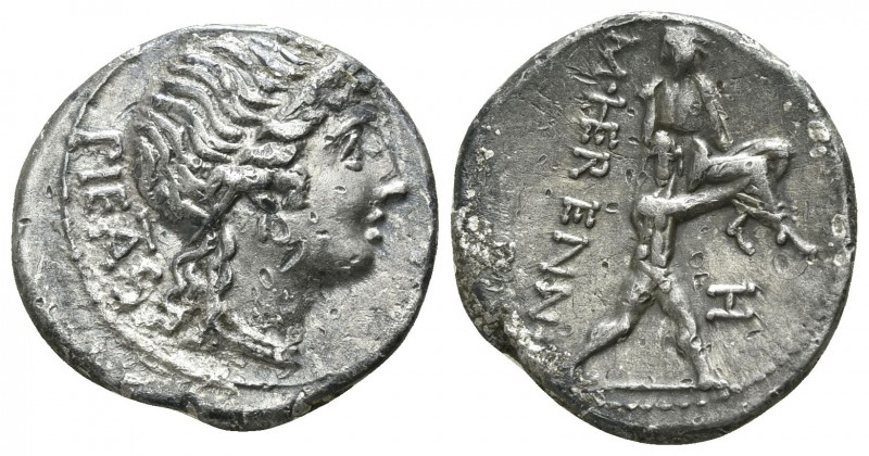 M. Herennius. 108-107 BC. Rome
Denar AR

18mm., 3,85g.

PIETAS, Diademed he...
