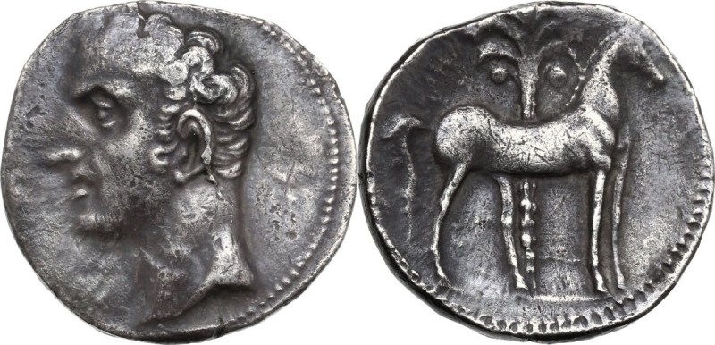 Punic Iberia. AR Shekel, c. 237-209 BC. Male head (Hannibal (?)) left. / Horse s...