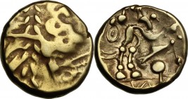Britain, Atrebates and Regni. Commius (c. 50-25 BC). AV Stater, c. 30-25 BC. Celtized head of Apollo right. / Horse running right; block of pellets ab...