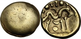 Celtic World. Northeast Gaul, Ambiani. AV Stater. Gallic war issue, c. 58-55 BC. Plain bulge. / Large disjointed horse right; crescents and pellets ar...
