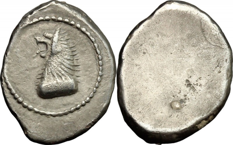 Greek Italy. Etruria, Populonia. AR Drachm, 5th century BC. Head and neck of lio...