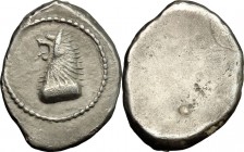 Greek Italy. Etruria, Populonia. AR Drachm, 5th century BC. Head and neck of lion left, with raised mane and open jaws. Dotted border. / Blank. Vecchi...