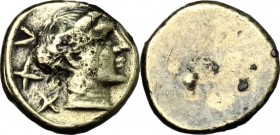 Greek Italy. Etruria, Populonia. Pale AV 25-Asses, c. 300-250 BC. Female head right, with hair caught up at back and bound by diadem; behind, XXV. Lin...