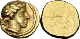 Greek Italy. Etruria, Populonia. AV 10 Asses, c. 300-250 BC. Young male head right, with curly hair; behind, X. Linear border. / Blank. Vecchi EC I, 3...