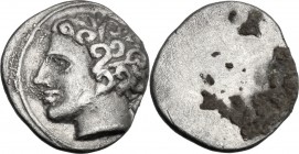 Greek Italy. Etruria, Populonia. AR 5-Asses, 3rd century BC. Young male head left; behind, V. Linear border. / Blank. Vecchi EC I, 91; HN Italy 163. A...