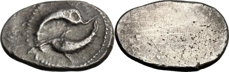 Greek Italy. Etruria, Populonia. AR Obol (?), 3rd century BC. Two dolphins. Dott...