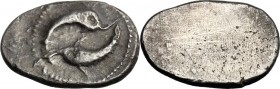 Greek Italy. Etruria, Populonia. AR Obol (?), 3rd century BC. Two dolphins. Dotted border. / Blank. Vecchi EC I, 122 (unrecorded die); HN Italy 231 (U...