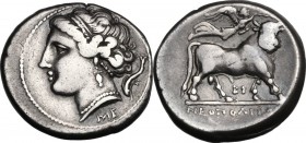 Greek Italy. Central and Southern Campania, Neapolis. AR Didrachm, c. 275-270 BC. Diademed head of Parthenope left; behind, dolphin; below, ME. / Man-...