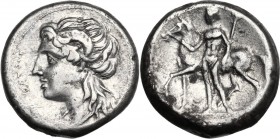 Greek Italy. Central and Southern Campania, Nuceria Alfaterna. AR Didrachm, c. 250-225 BC. Head of Carneius left, ram's horn in hair; before oscan leg...