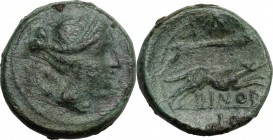 Greek Italy. Eastern Italy, Larinum. AE Semuncia, c. 210-175 BC. Head of Artemis right, bow and quiver over shoulder. / LA/DINOD. Hound running right;...