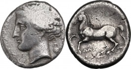 Greek Italy. Northern Apulia, Arpi. AR Didrachm. Dazos magistrate (?), c. 325-275 BC. Wreathed head of Demeter left; behind, kantharos. / Horse pranci...