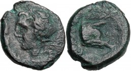 Greek Italy. Northern Apulia, Arpi. AE 12 mm. c. 325-275 BC. Laureate head of Apollo (?) left. / Boar's head right; APΠΑ behind. SNG ANS -; SNG Cop. -...