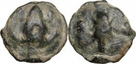 Greek Italy. Northern Apulia, Luceria. Light series. AE Cast Uncia, c. 217-212 BC. Frog. / Corn-ear; at left, pellet. Vecchi ICC 349; HN Italy 677e. A...