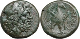 Greek Italy. Northern Apulia, Teate. AE Nummus, 225-200 BC. Head of Zeus of Dodona right, wearing oak wreath. / Eagle standing right on thunderbolt; a...