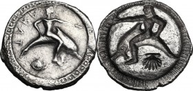Greek Italy. Southern Apulia, Tarentum. AR Nomos, c. 510-500 BC. Phalantos riding dolphin right, extending left hand, right hand resting on dolphin's ...