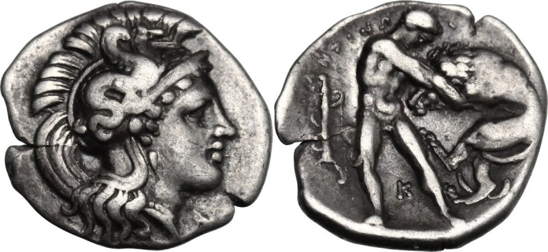 Greek Italy. Southern Apulia, Tarentum. AR Diobol, c. 380-325 BC. Head of Athena...