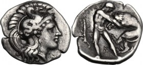 Greek Italy. Southern Apulia, Tarentum. AR Diobol, c. 380-325 BC. Head of Athena right, wearing crested Attic helmet decorated with hippocamp. / TAPAN...