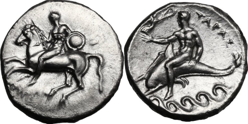 Greek Italy. Southern Apulia, Tarentum. AR Nomos, c. 302-280 BC. Nude youth on h...