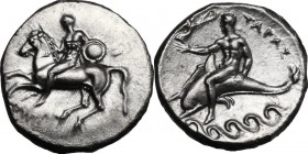 Greek Italy. Southern Apulia, Tarentum. AR Nomos, c. 302-280 BC. Nude youth on horseback left, holding shield; behind, EY; below, ΦΙΛΩΝ (retrograde). ...