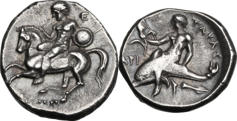 Greek Italy. Southern Apulia, Tarentum. AR Nomos, c. 302-280 BC. Nude youth, shi...