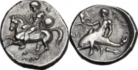 Greek Italy. Southern Apulia, Tarentum. AR Nomos, c. 302-280 BC. Nude youth, shield on left arm, right hand on mane, preparing to dismount horse reari...