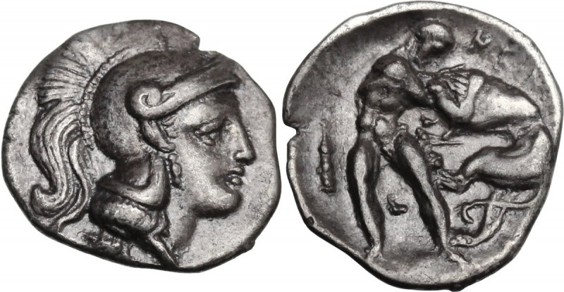 Greek Italy. Southern Apulia, Tarentum. AR Diobol, c. 302-228 BC. Head of Athena...