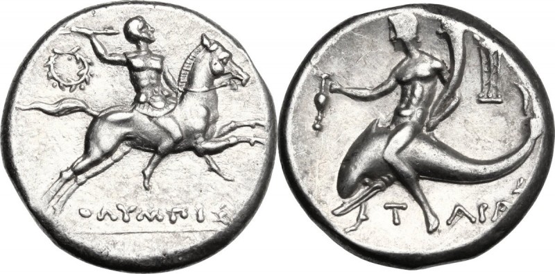 Greek Italy. Southern Apulia, Tarentum. AR Nomos, c. 240-228 BC. Warrior, brandi...