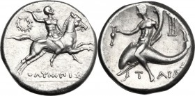 Greek Italy. Southern Apulia, Tarentum. AR Nomos, c. 240-228 BC. Warrior, brandishing javelin, on horse galloping right; wreath to left; below, ΟΛΙΜΠΙ...