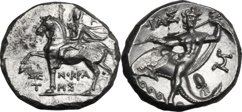 Greek Italy. Southern Apulia, Tarentum. AR Nomos, c. 240-228 BC. Dioskouros, hea...