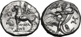 Greek Italy. Southern Apulia, Tarentum. AR Nomos, c. 240-228 BC. Dioskouros, head facing, raising right hand and holding reins in left, on horse stepp...