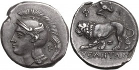 Greek Italy. Northern Lucania, Velia. AR Didrachm, c. 300-280 BC. Head of Athena left, wearing helmet decorated with wing; [&Phi; before neck], dot an...