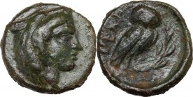 Greek Italy. Northern Lucania, Velia. AE 15mm, late 5th century BC. Head of Herakles right, wearing lion-skin. / ΥΕΛΗ. Owl standing right, wings close...