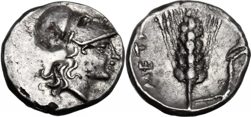 Greek Italy. Southern Lucania, Metapontum. AR Diobol, c. 325-275 BC. Helmated he...