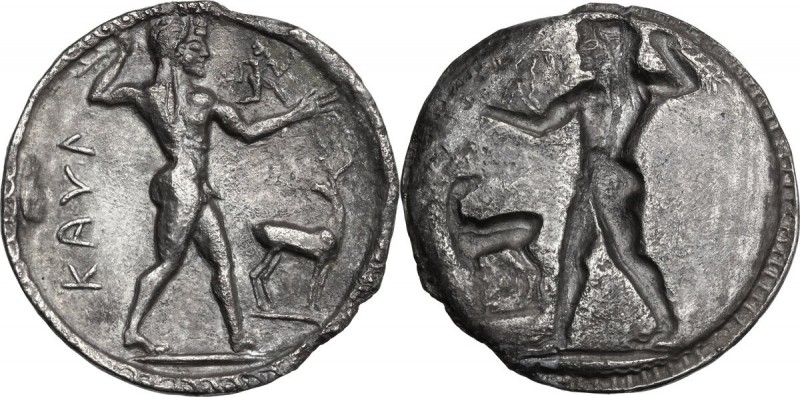 Greek Italy. Bruttium, Kaulonia. AR Stater, c. 525-500 BC. Apollo advancing righ...