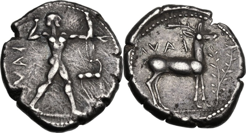 Greek Italy. Bruttium, Kaulonia. AR Stater, c. 475-425 BC. Apollo, nude, advanci...