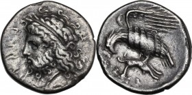 Greek Italy. Bruttium, Locri. AR Stater, c. 400-350 BC. [ΛΟΚΡΩΝ]. Laureate head of Zeus left. / Eagle flying left, clutching dead hare in talons. SNG ...