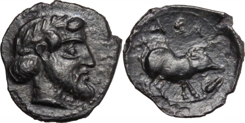 Sicily. Abakainon. AR Litra, c. 420 BC. Laureate and bearded male head right; be...