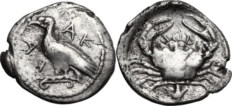 Sicily. Akragas. AR Litra, c. 450-439 BC. AK-R (retrograde) A. Eagle standing le...