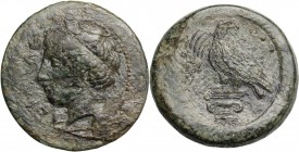 Sicily. Akragas. AE Hemilitron, c. 400-380 BC. Head of young river god Akragas left, wearing tainia. / Eagle standing left, head right, on Ionic capit...