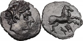 Sicily. Akragas. AR Quarter-Shekel, Punic occupation, c. 214-210 BC. Wreathed head of Triptolemos right. / Horse prancing right; below, punic letters ...