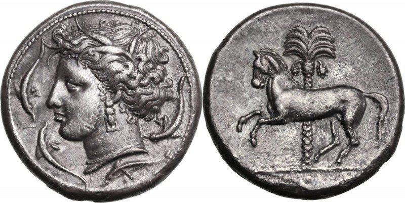 Sicily. Entella. AR Tetradrachm, c. 345/338 - 320/315 BC. Head of Arethusa left,...