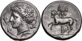 Sicily. Entella. AR Tetradrachm, c. 345/338 - 320/315 BC. Head of Arethusa left, wearing wreath of grain ears, triple pendant earring and pearl neckla...