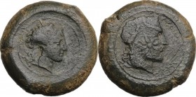 Sicily. Herbessos. AE 31mm Herbessos mint, before 334 BC. Wreathed head of Sikelia right. / Bearded male head (Zeus ?) right; traces of undertype (sea...
