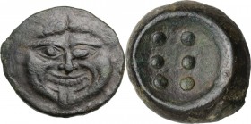 Sicily. Himera. AE Hemilitron or Hexonkion, c. 425-409 BC. Facing gorgoneion. / Six pellets (mark of value). Kraay, Bronze 1a; CNS 14; HGC 2, 463. AE....