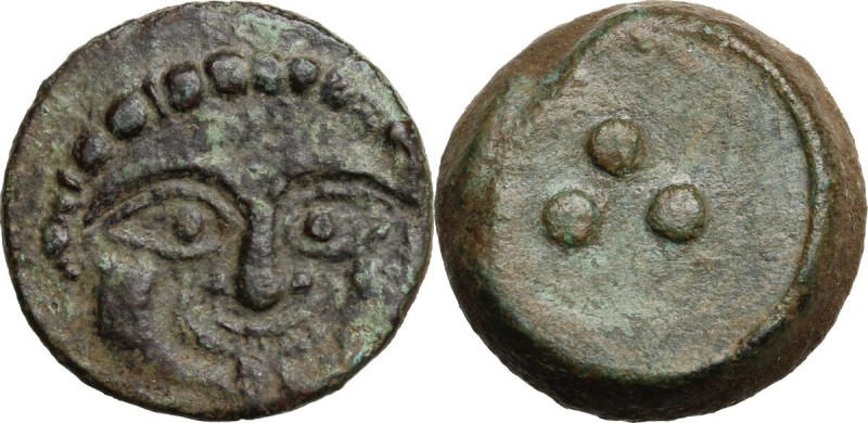 Sicily. Himera. AE Tetras or Trionkion, c. 425-409 BC. Facing gorgoneion. / Thre...