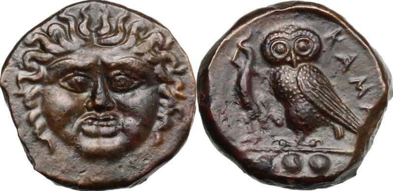 Sicily. Kamarina. AE Tetras, c. 420-405 BC. Gorgoneion. / KAMA. Owl standing lef...