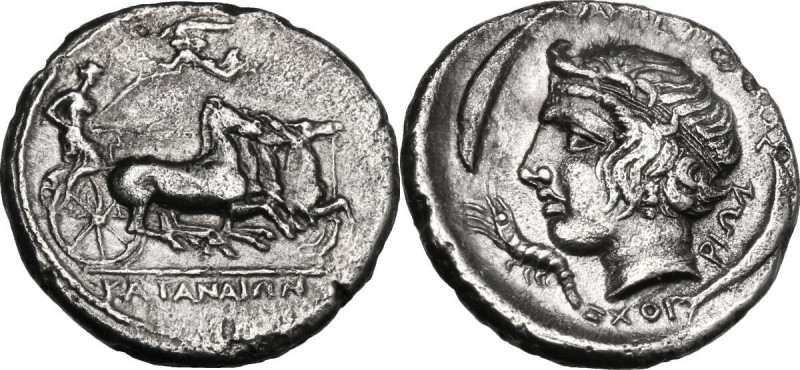 Sicily. Katane. AR Drachm, c. 405-404 BC. Signed by the artist Choirion. Female ...
