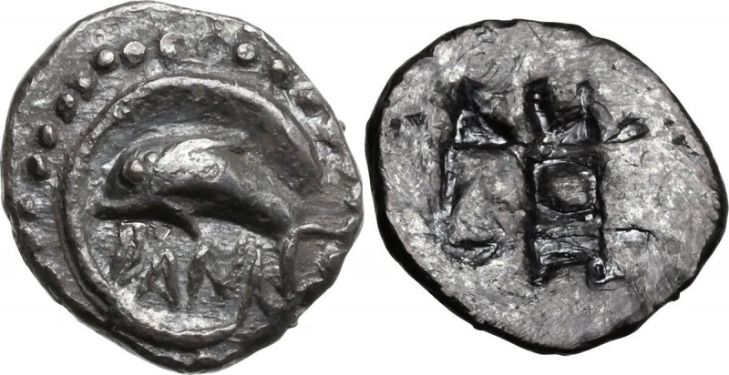 Sicily. Messana as Zankle. AR Obol, c. 500-493. DANK. Dolphin left, within cresc...