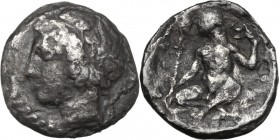 Sicily. Naxos. AR Hemidrachm, c. 420-403. BC. Youthful head of Dionysos left, crowned with ivy. / ΝΑΧΙΩΝ. Nude, bearded and bald Silenos seated left o...
