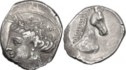 Sicily. Panormos. AR Litra, c. 405-380 BC. Wreathed head of Tanit - Persephone left. / Horse's head right. Jenkins Punic SNR 57, 1978, pl. 24 E-F. AR....